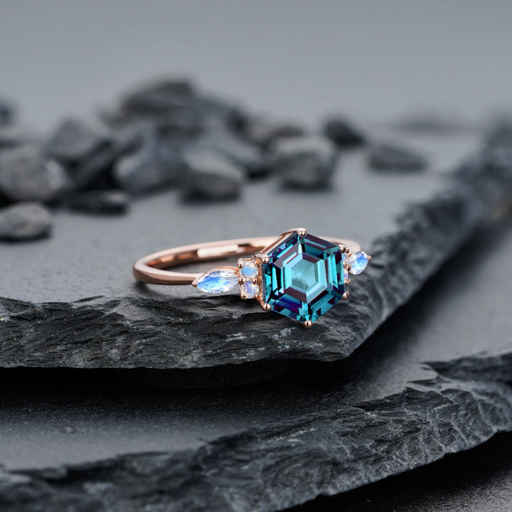 Vintage Hexagon Alexandrite and Marquise Moonstone Engagement Ring, Unique Rose Gold Alexandrite Wedding Ring, Anniversary Promise Ring Gift - ShainJewelry