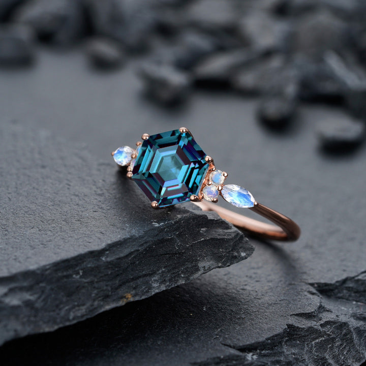 Vintage Hexagon Alexandrite and Marquise Moonstone Engagement Ring, Unique Rose Gold Alexandrite Wedding Ring, Anniversary Promise Ring Gift - ShainJewelry