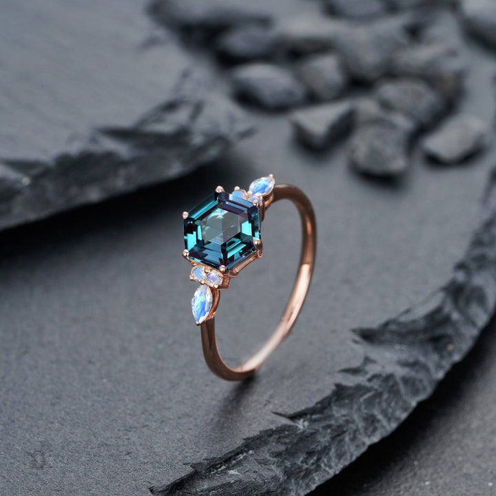 Vintage Hexagon Alexandrite and Marquise Moonstone Engagement Ring, Unique Rose Gold Alexandrite Wedding Ring, Anniversary Promise Ring Gift - ShainJewelry