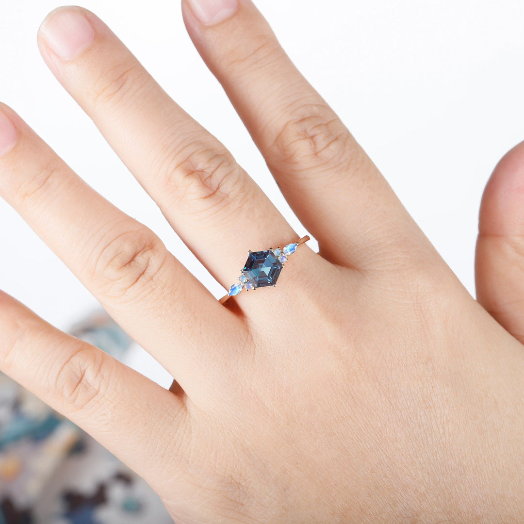 Vintage Hexagon Alexandrite and Marquise Moonstone Engagement Ring, Unique Rose Gold Alexandrite Wedding Ring, Anniversary Promise Ring Gift - ShainJewelry