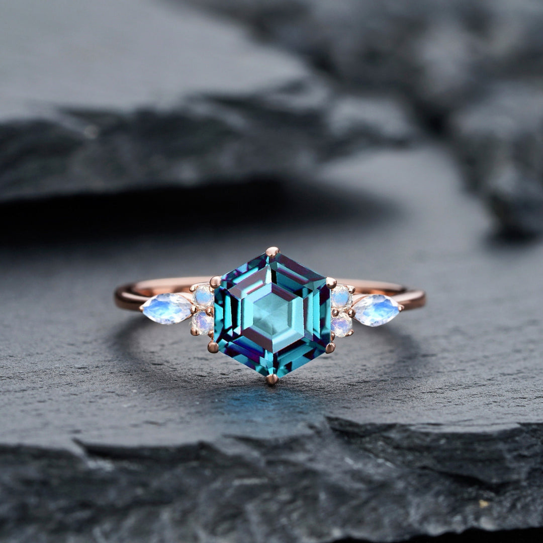 Vintage Hexagon Alexandrite and Marquise Moonstone Engagement Ring, Unique Rose Gold Alexandrite Wedding Ring, Anniversary Promise Ring Gift - ShainJewelry