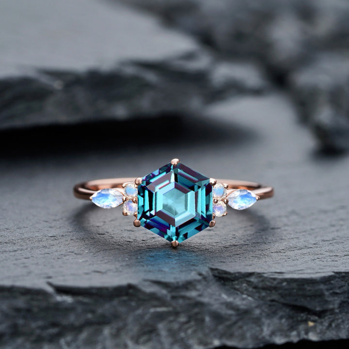 Vintage Hexagon Alexandrite and Marquise Moonstone Engagement Ring, Unique Rose Gold Alexandrite Wedding Ring, Anniversary Promise Ring Gift - ShainJewelry