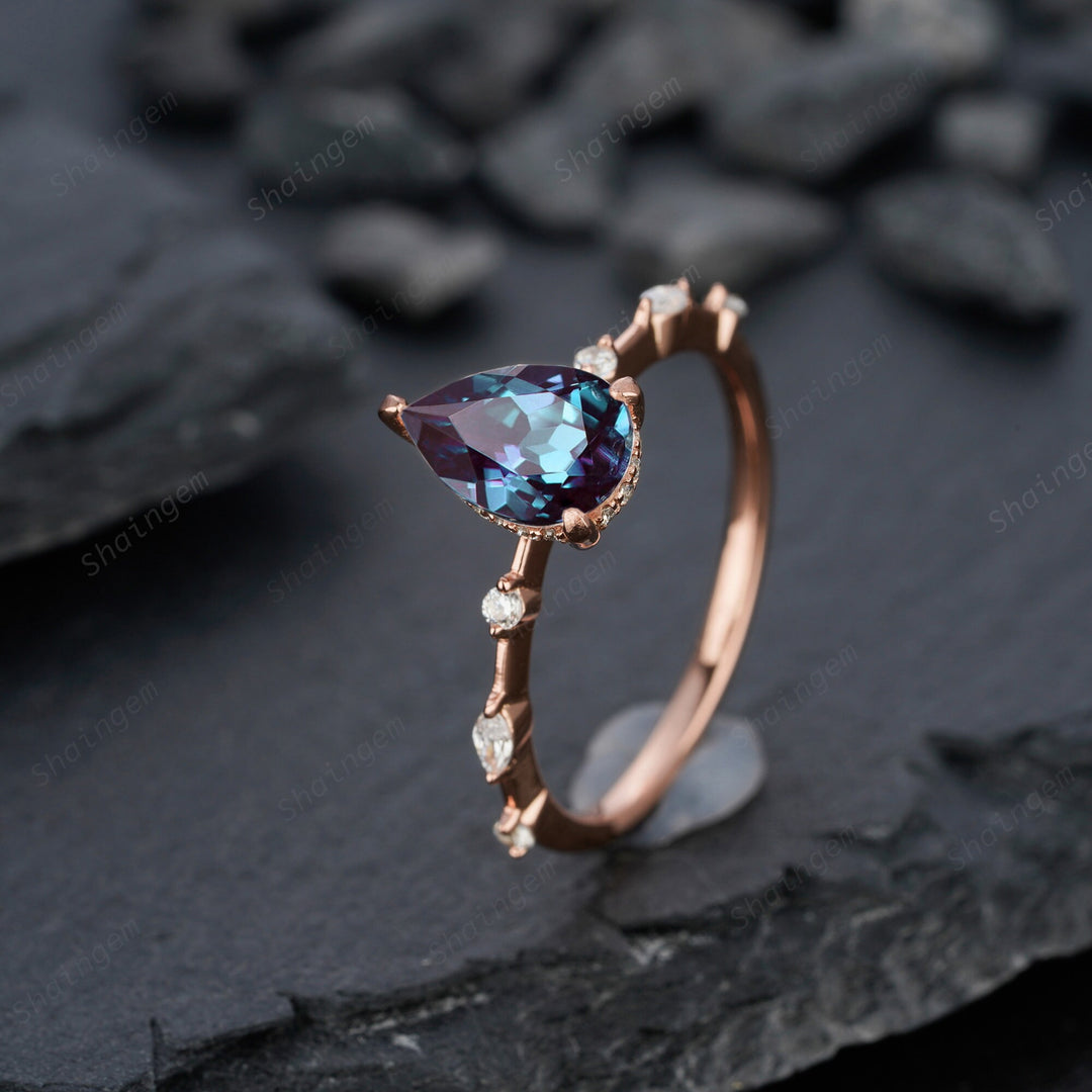 Pear Alexandrite Engagement Ring 14K Rose Gold Silver Teardrop Alexandrite Wedding Ring June Birthstone Alexandrite Hidden Halo Promise Ring - ShainJewelry
