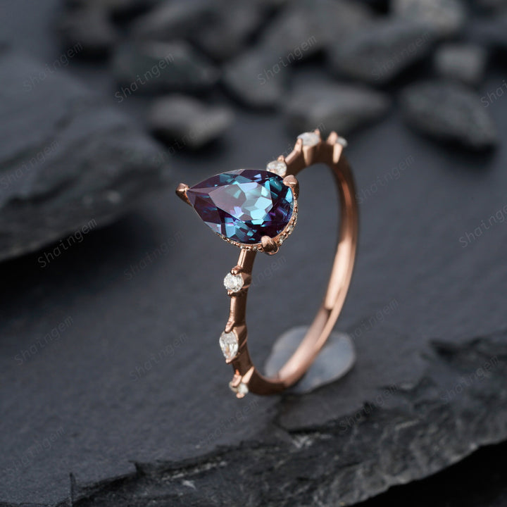 Pear Alexandrite Engagement Ring 14K Rose Gold Silver Teardrop Alexandrite Wedding Ring June Birthstone Alexandrite Hidden Halo Promise Ring - ShainJewelry