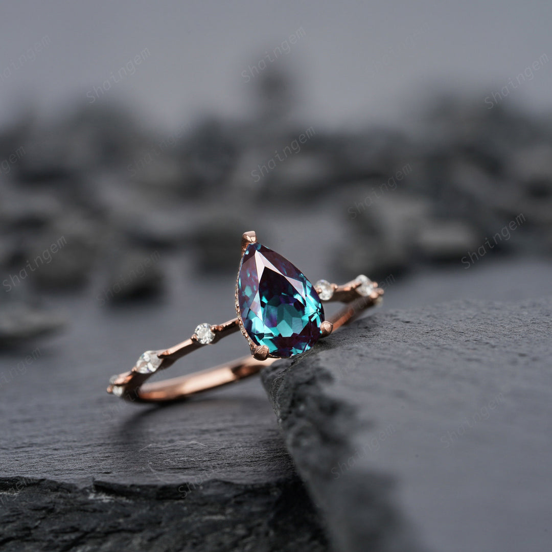 Pear Alexandrite Engagement Ring 14K Rose Gold Silver Teardrop Alexandrite Wedding Ring June Birthstone Alexandrite Hidden Halo Promise Ring - ShainJewelry