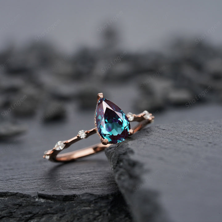 Pear Alexandrite Engagement Ring 14K Rose Gold Silver Teardrop Alexandrite Wedding Ring June Birthstone Alexandrite Hidden Halo Promise Ring - ShainJewelry