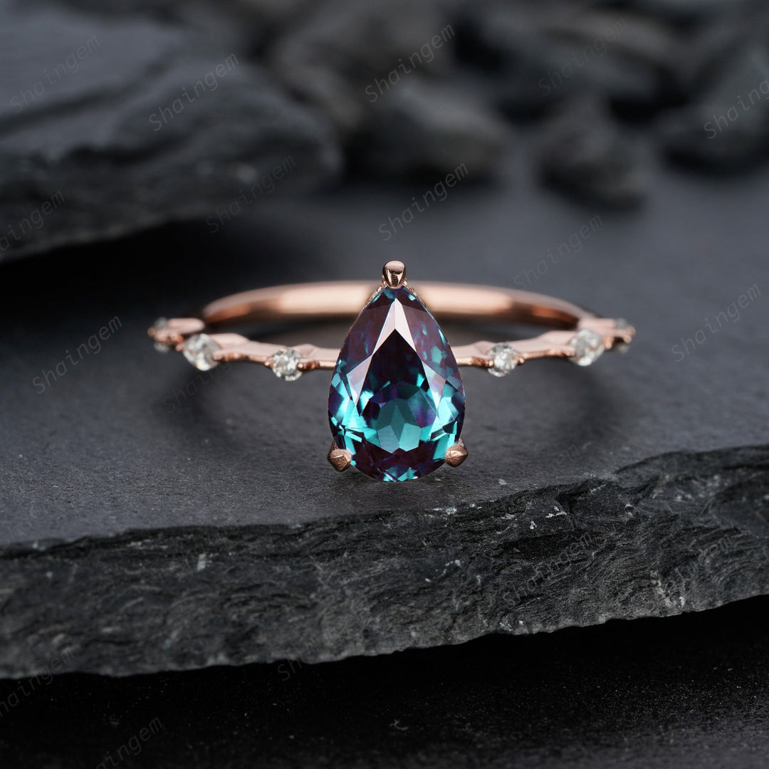 Pear Alexandrite Engagement Ring 14K Rose Gold Silver Teardrop Alexandrite Wedding Ring June Birthstone Alexandrite Hidden Halo Promise Ring - ShainJewelry