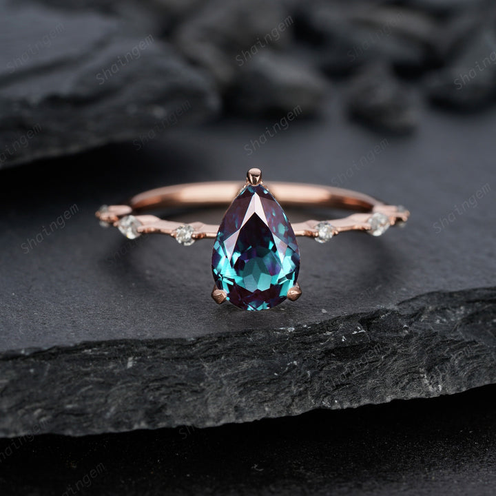 Pear Alexandrite Engagement Ring 14K Rose Gold Silver Teardrop Alexandrite Wedding Ring June Birthstone Alexandrite Hidden Halo Promise Ring - ShainJewelry