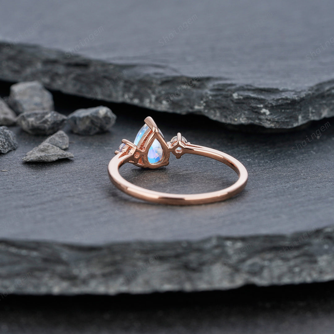 Unique Pear Moonstone Engagement Ring, Petite 14K Rose Gold June Birthstone Ring Dainty Blue Moonstone Wedding Ring Three Stone Promise Ring - ShainJewelry