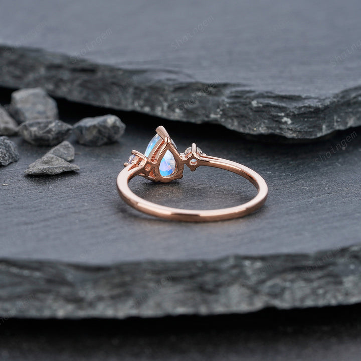 Unique Pear Moonstone Engagement Ring, Petite 14K Rose Gold June Birthstone Ring Dainty Blue Moonstone Wedding Ring Three Stone Promise Ring - ShainJewelry