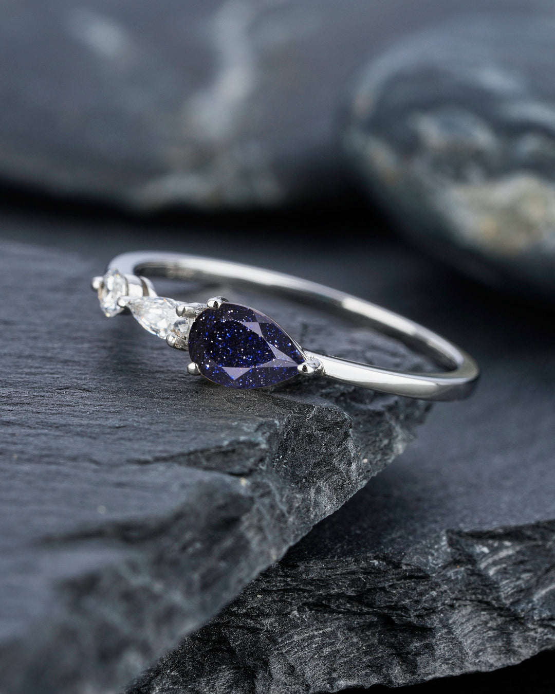Vintage Blue Sandstone Engagement Ring, Pear White Gold Star Sandstone Moissanite Wedding Band,Three Stone Women Bridal Promise Ring for her - ShainJewelry