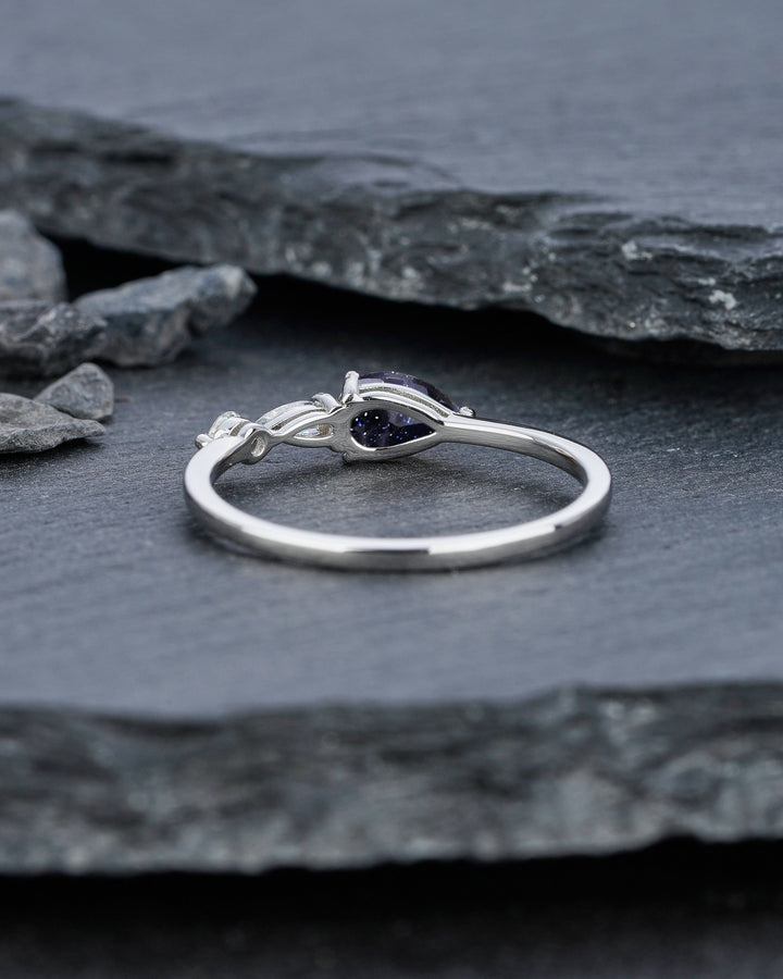 Vintage Blue Sandstone Engagement Ring, Pear White Gold Star Sandstone Moissanite Wedding Band,Three Stone Women Bridal Promise Ring for her - ShainJewelry