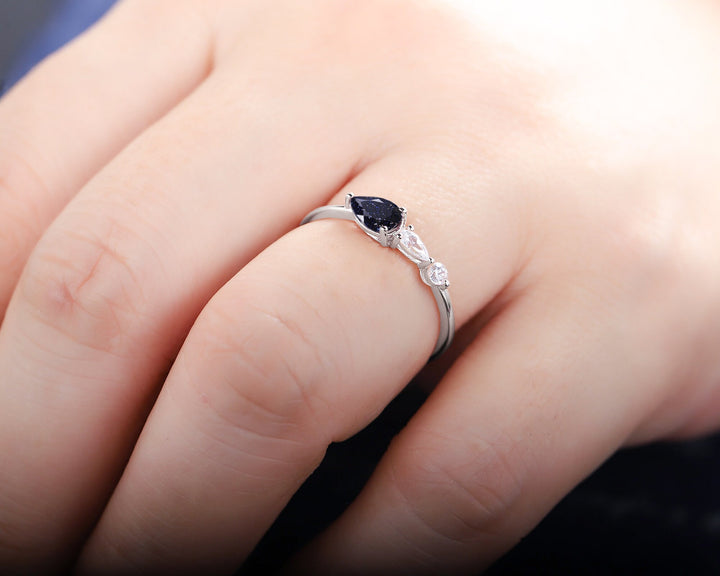 Vintage Blue Sandstone Engagement Ring, Pear White Gold Star Sandstone Moissanite Wedding Band,Three Stone Women Bridal Promise Ring for her - ShainJewelry