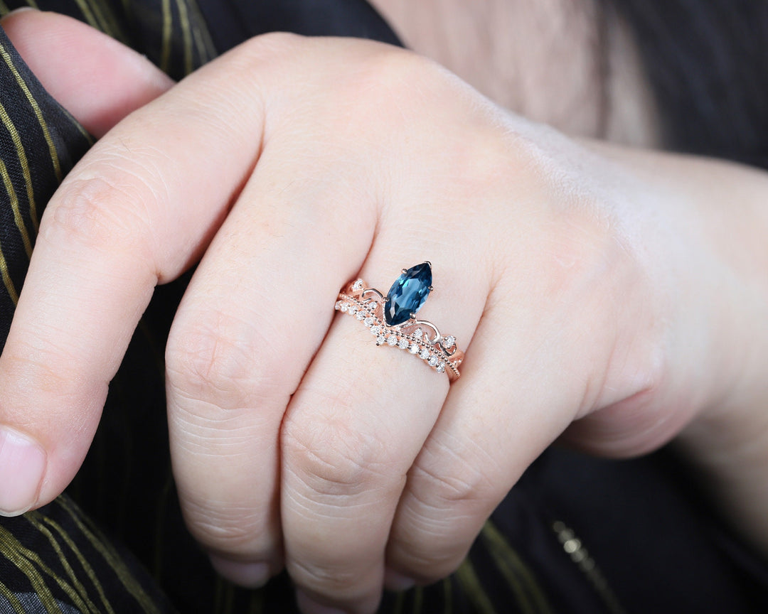 Vintage Marquise London Blue Topaz and Diamond Ring Unique Topaz Crown Wedding Promise Engagement Ring 14K Rose Gold /Silver Moissanite Ring - ShainJewelry