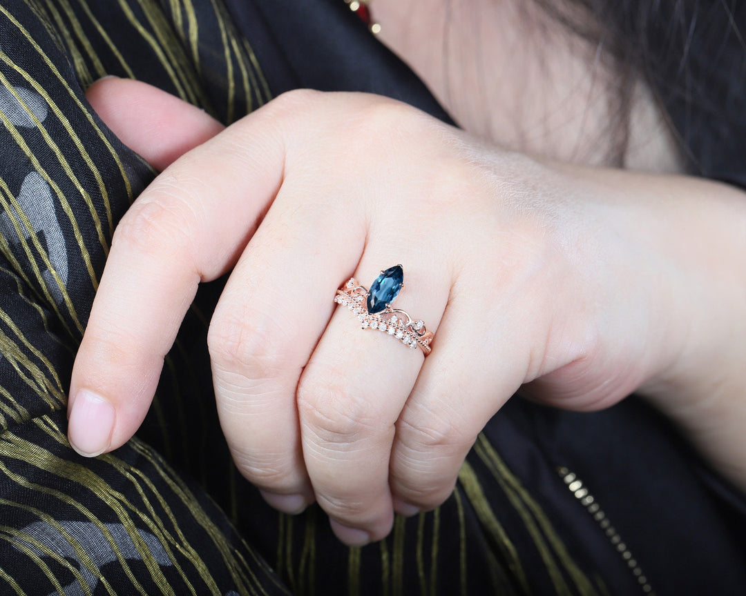 Vintage Marquise London Blue Topaz and Diamond Ring Unique Topaz Crown Wedding Promise Engagement Ring 14K Rose Gold /Silver Moissanite Ring - ShainJewelry