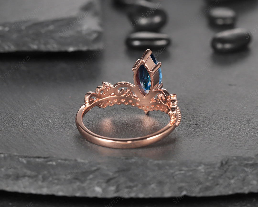 Vintage Marquise London Blue Topaz and Diamond Ring Unique Topaz Crown Wedding Promise Engagement Ring 14K Rose Gold /Silver Moissanite Ring - ShainJewelry
