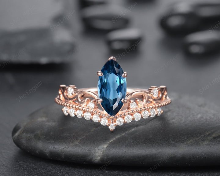 Vintage Marquise London Blue Topaz and Diamond Ring Unique Topaz Crown Wedding Promise Engagement Ring 14K Rose Gold /Silver Moissanite Ring - ShainJewelry