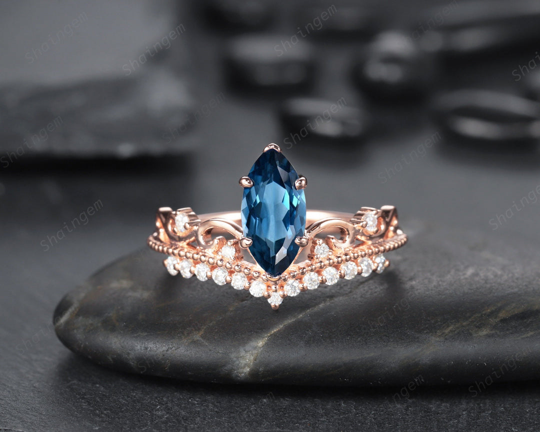 Vintage Marquise London Blue Topaz and Diamond Ring Unique Topaz Crown Wedding Promise Engagement Ring 14K Rose Gold /Silver Moissanite Ring - ShainJewelry