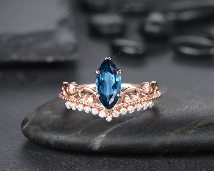 Vintage Marquise London Blue Topaz and Diamond Ring Unique Topaz Crown Wedding Promise Engagement Ring 14K Rose Gold /Silver Moissanite Ring - ShainJewelry