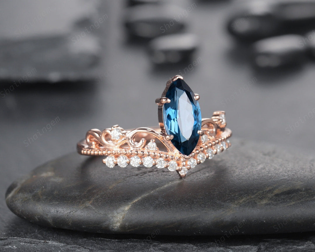 Vintage Marquise London Blue Topaz and Diamond Ring Unique Topaz Crown Wedding Promise Engagement Ring 14K Rose Gold /Silver Moissanite Ring - ShainJewelry