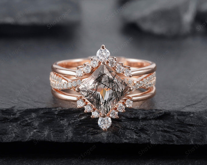 Platinum Princess Cut Black Rutilated Bridal Set, Black Rutilated Engagement Ring Set, Black Rutilated Wedding Ring, White Gold Promise Ring - ShainJewelry