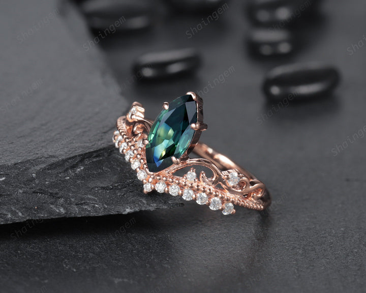 Vintage Marquise Natural Teal Sapphire and Diamond Ring, Sapphire Crown Wedding Promise Engagement Ring, 14K Rose Gold Sapphire Wedding Ring - ShainJewelry