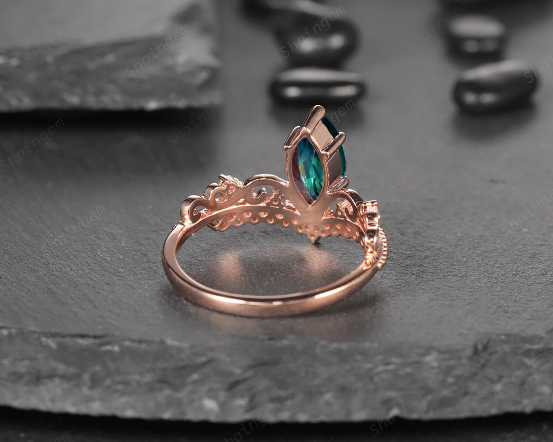 Vintage Marquise Natural Teal Sapphire and Diamond Ring, Sapphire Crown Wedding Promise Engagement Ring, 14K Rose Gold Sapphire Wedding Ring - ShainJewelry