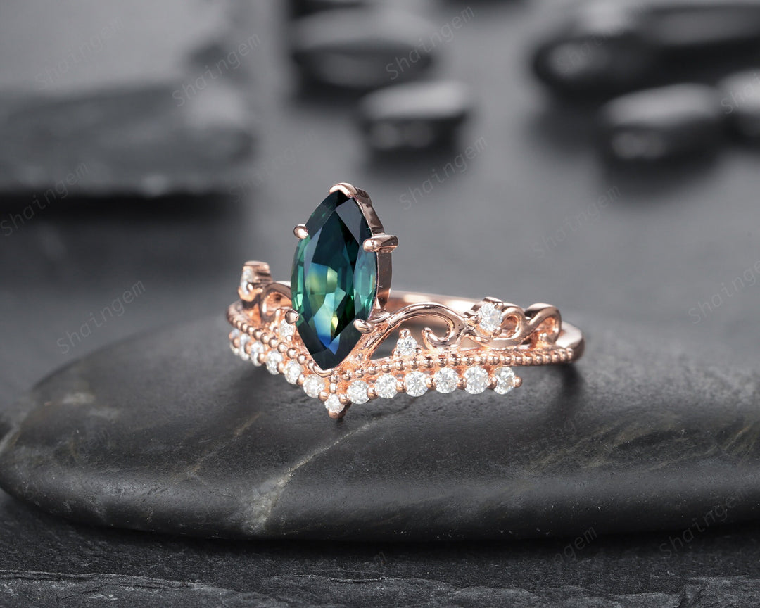 Vintage Marquise Natural Teal Sapphire and Diamond Ring, Sapphire Crown Wedding Promise Engagement Ring, 14K Rose Gold Sapphire Wedding Ring - ShainJewelry