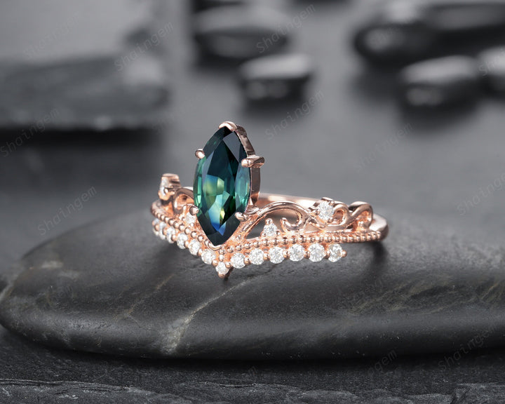 Vintage Marquise Natural Teal Sapphire and Diamond Ring, Sapphire Crown Wedding Promise Engagement Ring, 14K Rose Gold Sapphire Wedding Ring - ShainJewelry