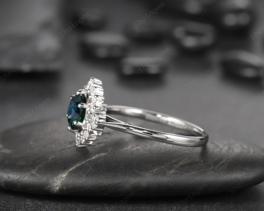 Vintage Natural Teal Sapphire and Diamond Engagement Ring, 14K 18K White Gold Sapphire Cluster Wedding Ring Round Sapphire Promise Halo Ring - ShainJewelry