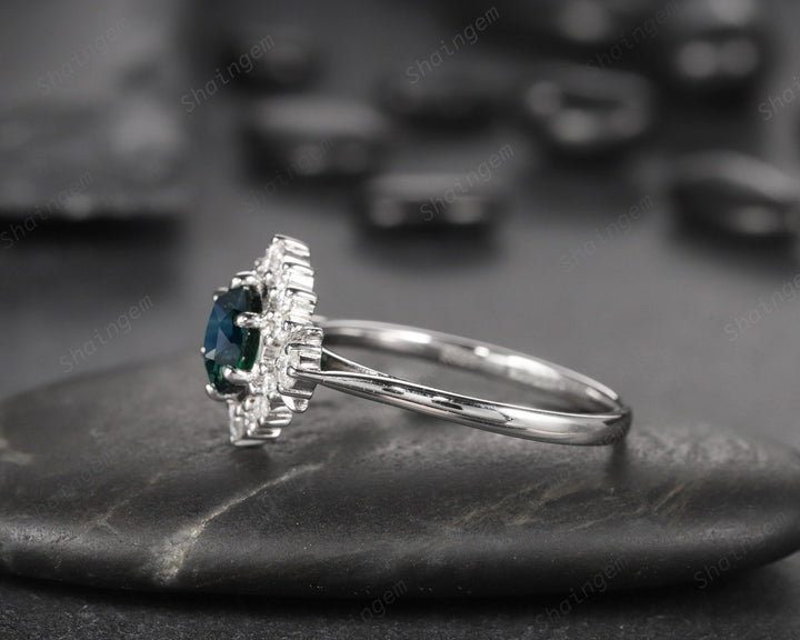 Vintage Natural Teal Sapphire and Diamond Engagement Ring, 14K 18K White Gold Sapphire Cluster Wedding Ring Round Sapphire Promise Halo Ring - ShainJewelry