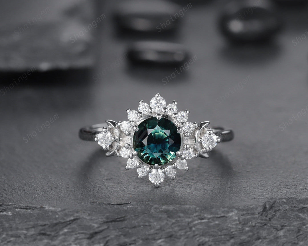 Vintage Natural Teal Sapphire and Diamond Engagement Ring, 14K 18K White Gold Sapphire Cluster Wedding Ring Round Sapphire Promise Halo Ring - ShainJewelry