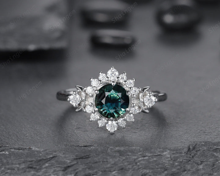 Vintage Natural Teal Sapphire and Diamond Engagement Ring, 14K 18K White Gold Sapphire Cluster Wedding Ring Round Sapphire Promise Halo Ring - ShainJewelry