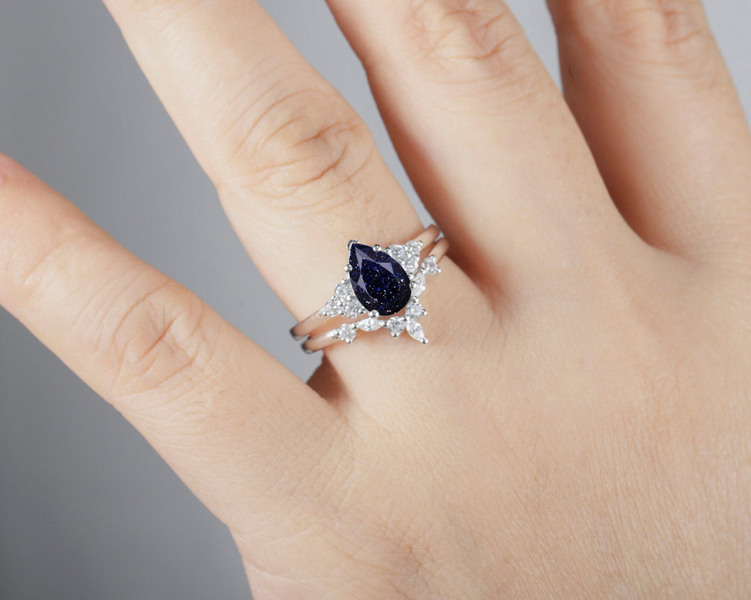Vintage Pear Cut Blue Sandstone Wedding Ring Set, Unique Starry Galaxy Stone 14K White Gold Silver Engagement Ring Set Bridal Set Ring Gift - ShainJewelry