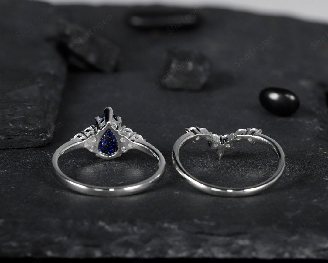 Vintage Pear Cut Blue Sandstone Wedding Ring Set, Unique Starry Galaxy Stone 14K White Gold Silver Engagement Ring Set Bridal Set Ring Gift - ShainJewelry