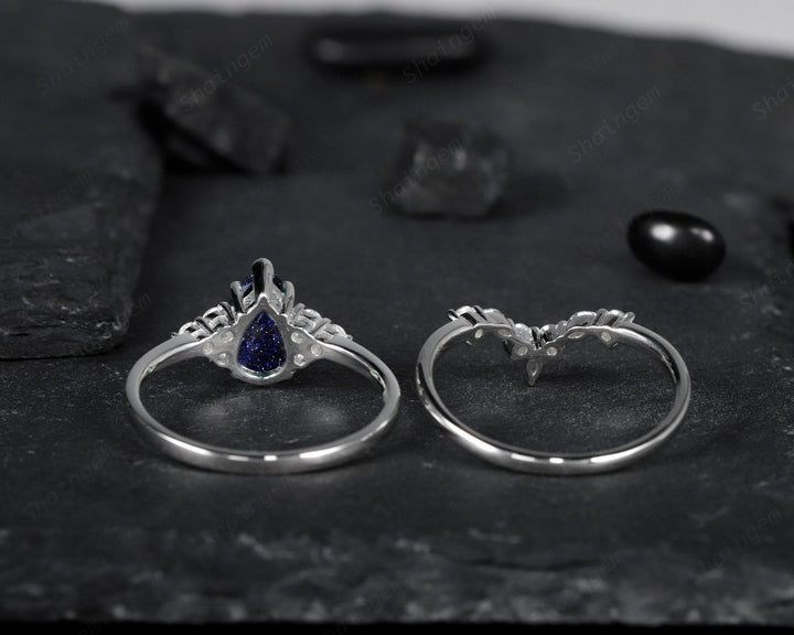 Vintage Pear Cut Blue Sandstone Wedding Ring Set, Unique Starry Galaxy Stone 14K White Gold Silver Engagement Ring Set Bridal Set Ring Gift - ShainJewelry