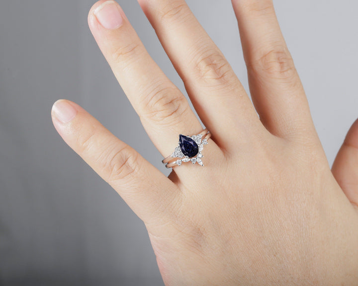 Vintage Pear Cut Blue Sandstone Wedding Ring Set, Unique Starry Galaxy Stone 14K White Gold Silver Engagement Ring Set Bridal Set Ring Gift - ShainJewelry