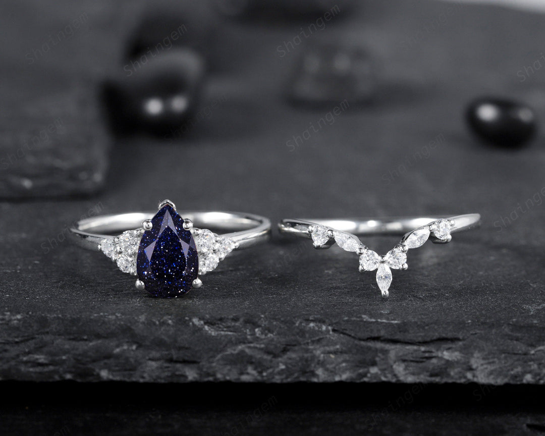 Vintage Pear Cut Blue Sandstone Wedding Ring Set, Unique Starry Galaxy Stone 14K White Gold Silver Engagement Ring Set Bridal Set Ring Gift - ShainJewelry