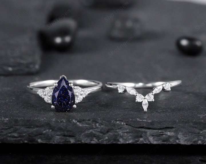 Vintage Pear Cut Blue Sandstone Wedding Ring Set, Unique Starry Galaxy Stone 14K White Gold Silver Engagement Ring Set Bridal Set Ring Gift - ShainJewelry