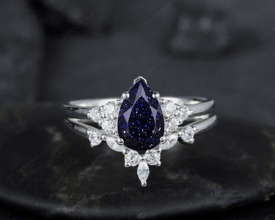 Vintage Pear Cut Blue Sandstone Wedding Ring Set, Unique Starry Galaxy Stone 14K White Gold Silver Engagement Ring Set Bridal Set Ring Gift - ShainJewelry