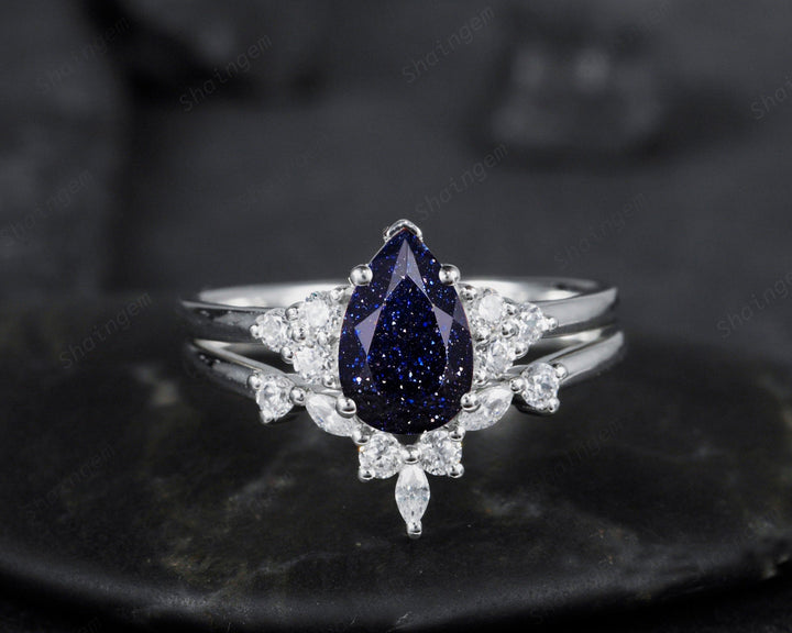 Vintage Pear Cut Blue Sandstone Wedding Ring Set, Unique Starry Galaxy Stone 14K White Gold Silver Engagement Ring Set Bridal Set Ring Gift - ShainJewelry