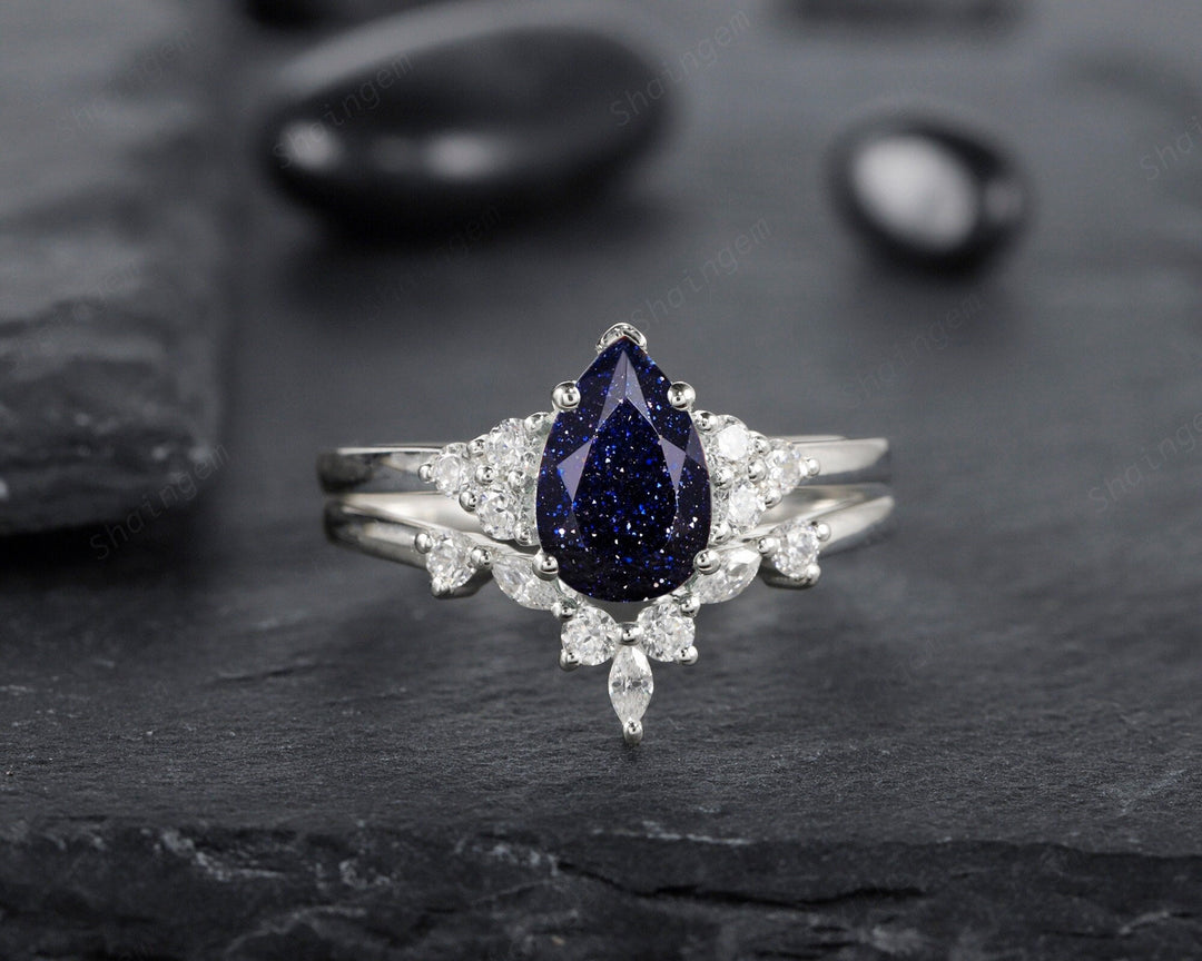 Vintage Pear Cut Blue Sandstone Wedding Ring Set, Unique Starry Galaxy Stone 14K White Gold Silver Engagement Ring Set Bridal Set Ring Gift - ShainJewelry
