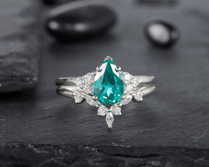Vintage Pear Shape Paraiba Tourmaline Ring Set, Blueish Green Peacock Gemstone Wedding Set, White Gold Tourmaline Engagement Ring Bridal Set - ShainJewelry