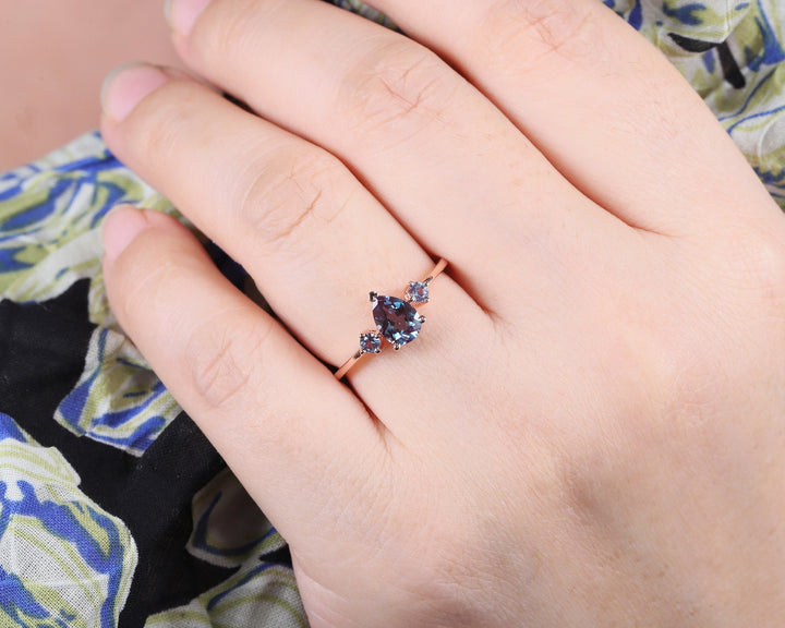 Dainty Pear Cut Alexandrite Engagement Ring, 14K Rose Gold June Birthstone Ring, Vintage Alexandrite Wedding Ring, Three Stone Promise Ring - ShainJewelry