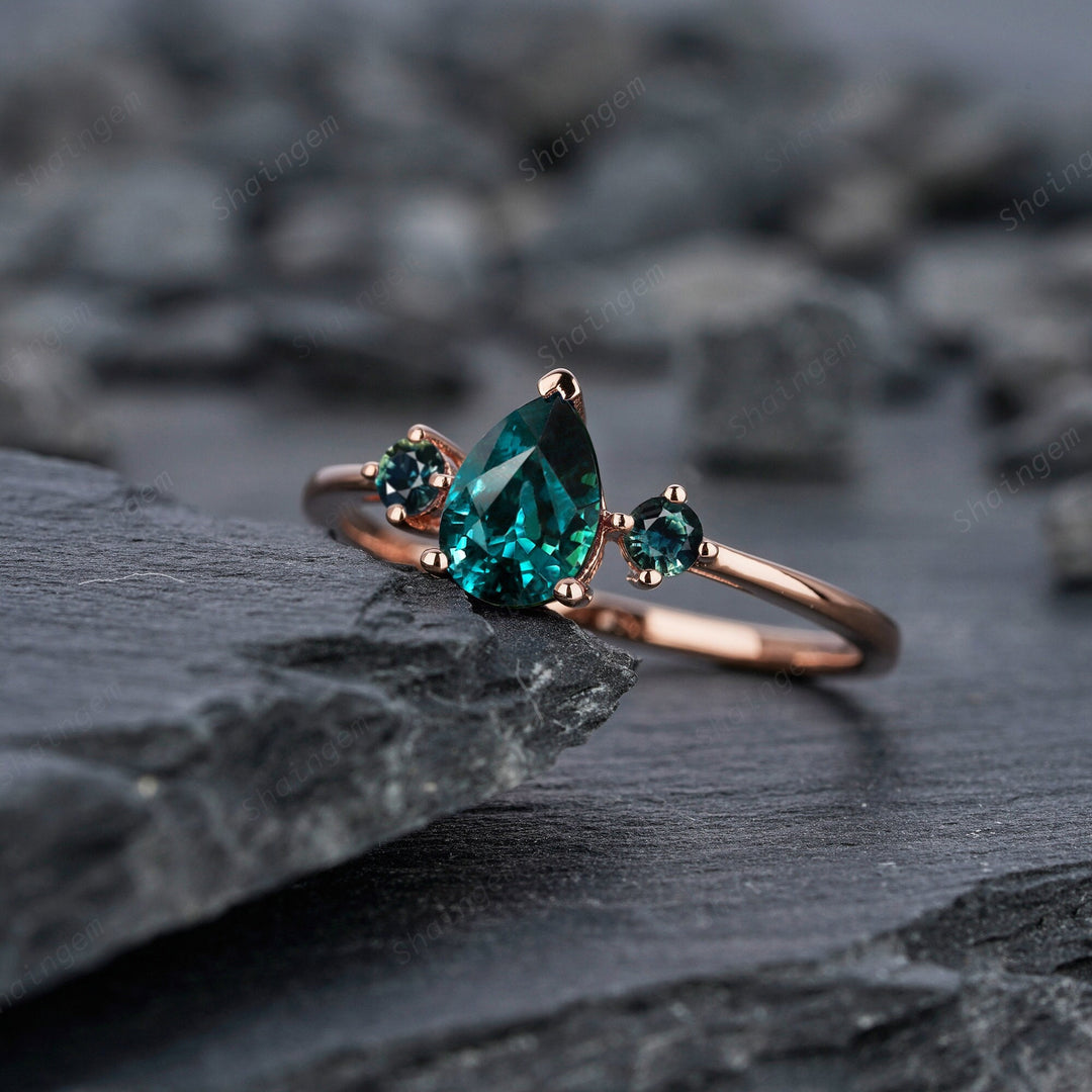 Petite Pear Natural Teal Sapphire Engagement Ring, 14K 18K Rose Gold Three Stone Promise Ring, Dainty Peacock Green Gemstone Wedding Ring - ShainJewelry