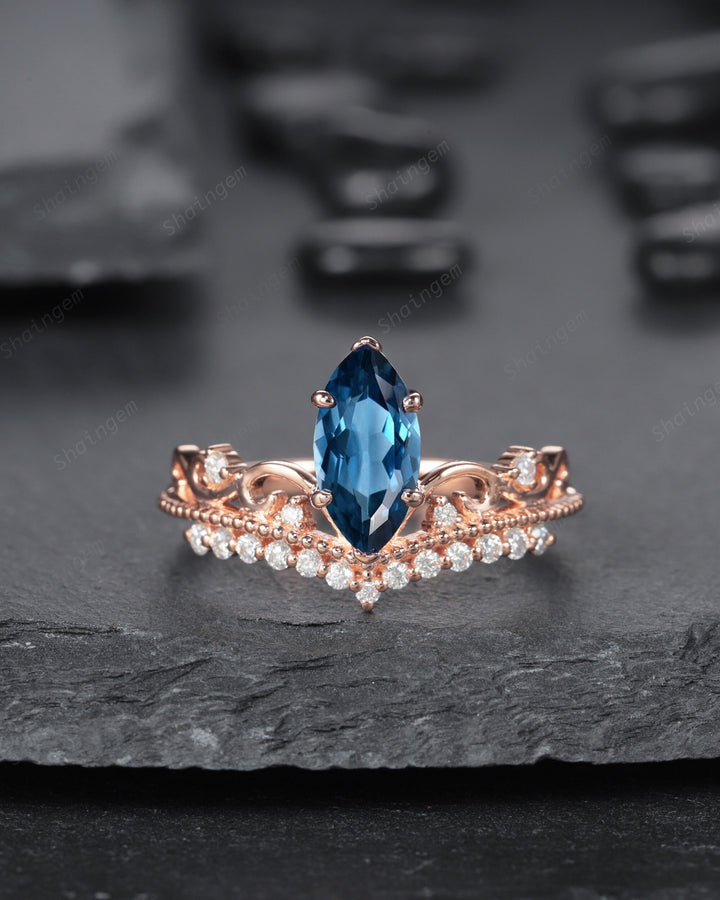 Vintage Marquise London Blue Topaz and Diamond Ring Unique Topaz Crown Wedding Promise Engagement Ring 14K Rose Gold /Silver Moissanite Ring - ShainJewelry
