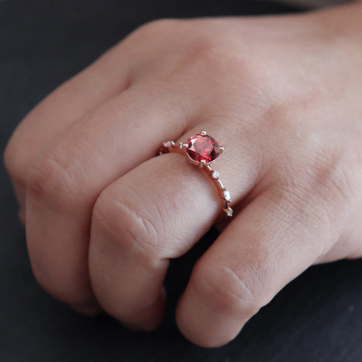Unique Round Red Garnet Engagement Ring, Vintage January Birthstone Sterling Silver 14K Rose Gold Garnet Wedding Promise Ring Gift For Her - ShainJewelry