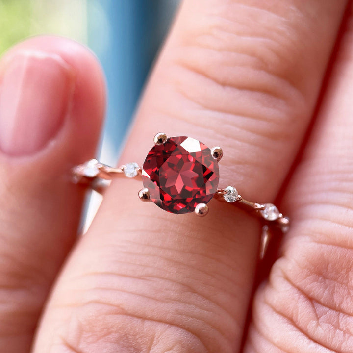 Unique Round Red Garnet Engagement Ring, Vintage January Birthstone Sterling Silver 14K Rose Gold Garnet Wedding Promise Ring Gift For Her - ShainJewelry