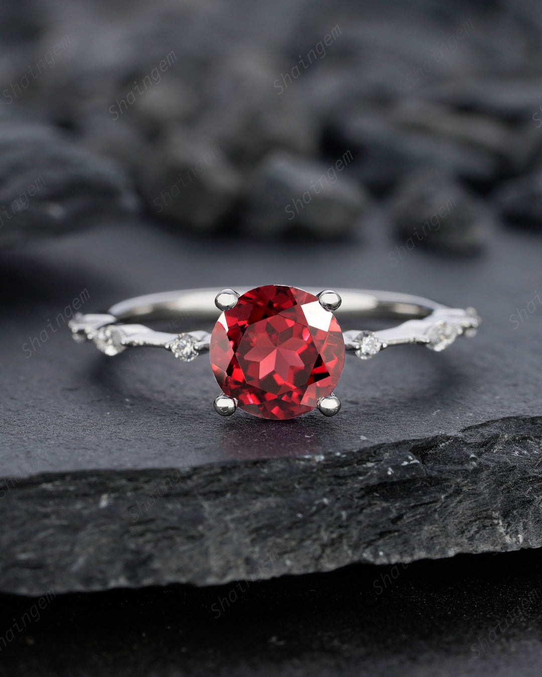 Unique Round Red Garnet Engagement Ring, Vintage January Birthstone Sterling Silver 14K Rose Gold Garnet Wedding Promise Ring Gift For Her - ShainJewelry