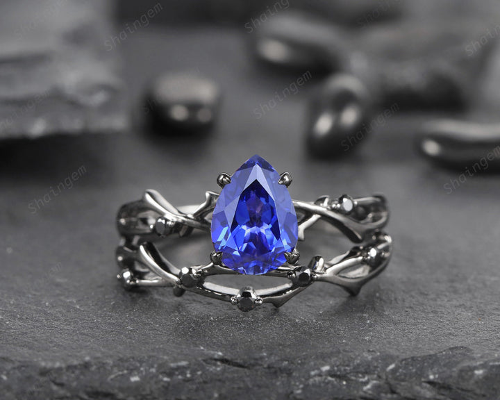 Pear Cornflower Blue Sapphire and Black Diamond Bridal Set, Black Gold Plated Twig Branch Black Moissanite Wedding Set, Rhodium Black Ring - ShainJewelry